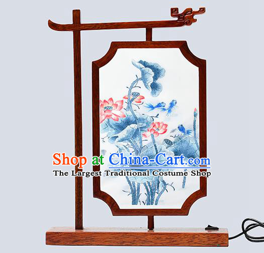 China Handmade Wood Table Decoration LED Desk Lantern Suzhou Embroidered Lotus Bedside Lamp