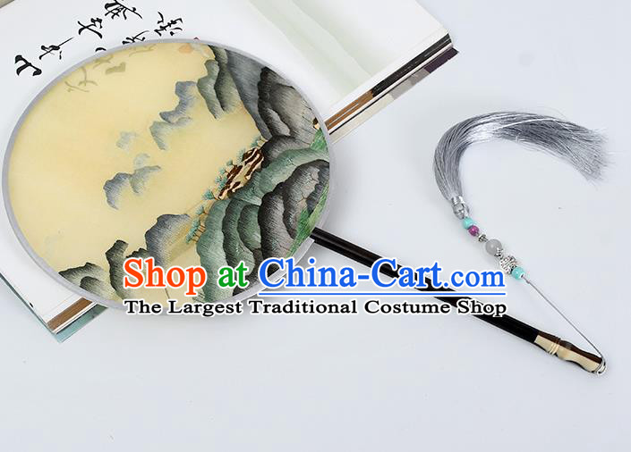 China Classical Yellow Silk Fan Traditional Suzhou Embroidered Landscape Circular Fan Handmade Palace Fan