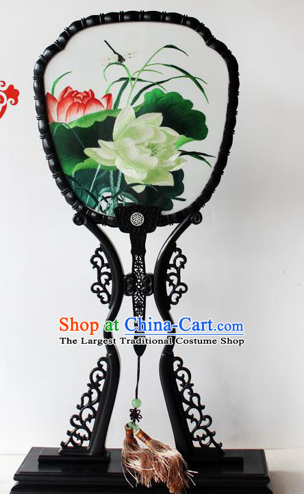 China Traditional Palace Fan Classical Dance Blackwood Fan Handmade Embroidered Lotus Silk Fan