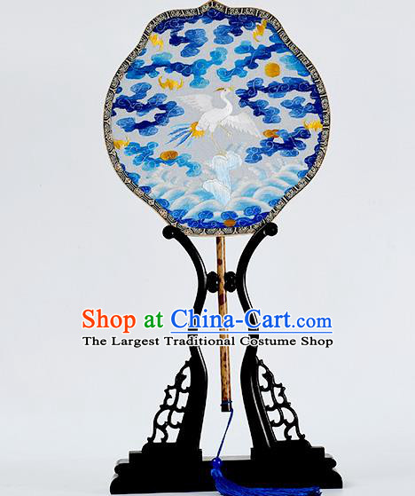 China Handmade Palace Fan Classical Mottled Bamboo Fan Traditional Embroidered Cloud Crane Silk Fan