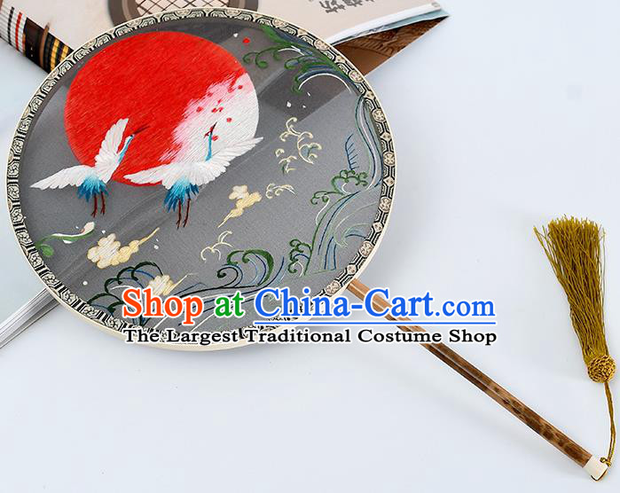 China Handmade Mottled Bamboo Palace Fan Classical Grey Silk Fan Traditional Embroidered Crane Circular Fan