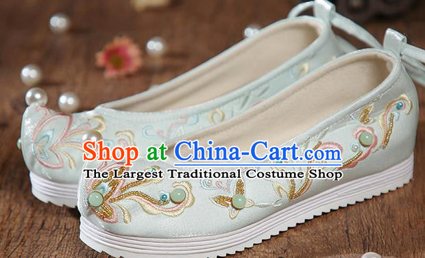 China Traditional Hanfu Shoes Embroidered Beads Shoes Ancient Princess Light Green Satin Shoes