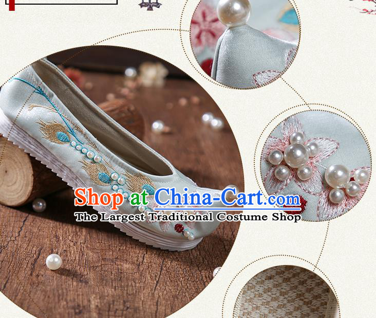 China Traditional Hanfu Pearls Shoes Embroidered Peach Blossom Green Satin Shoes Ancient Ming Dynasty Princess Shoes