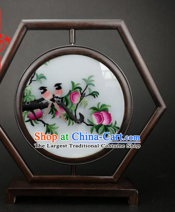 China Handmade Embroidery Peach Hexagon Desk Screen Furniture Wenge Table Screen