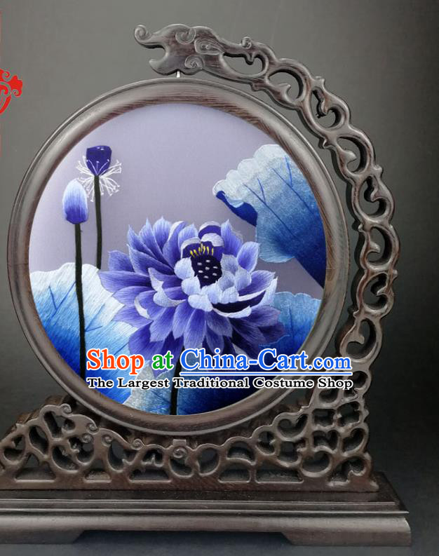 China Handmade Wenge Screen Gifts Panel Traditional Suzhou Embroidery Blue Lotus Table Screen