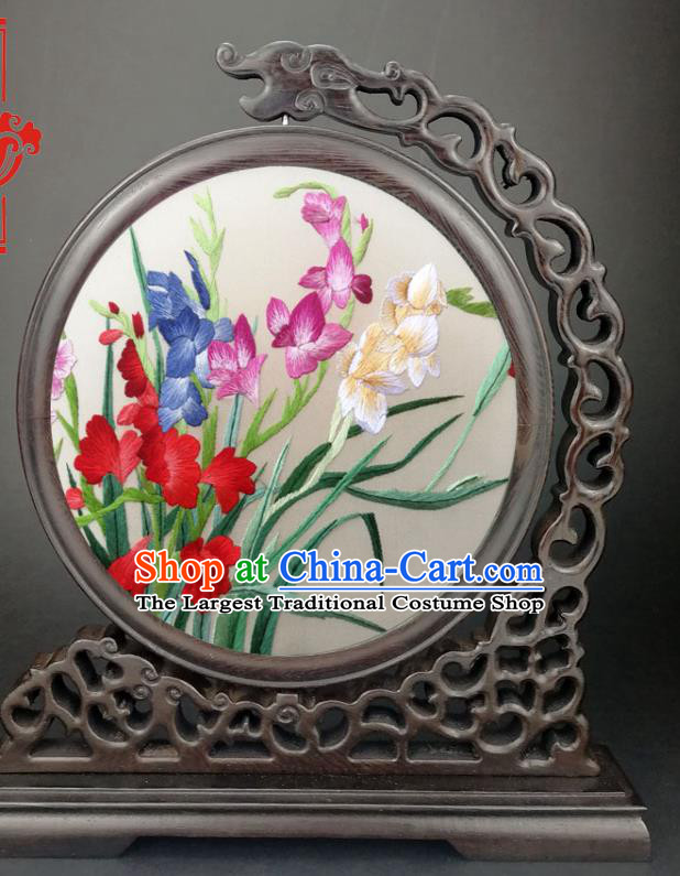 China Traditional Suzhou Embroidery Craft Handmade Embroidered Orchids Wenge Table Screen