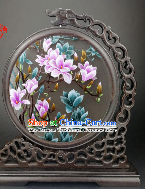 Chinese Traditional Wenge Screen Suzhou Embroidered Mangnolia Table Screen