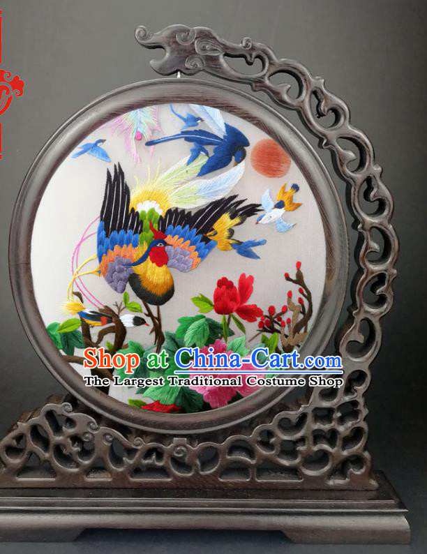 Chinese Traditional Handmade Wenge Screen Suzhou Embroidered Phoenix Peony Table Screen