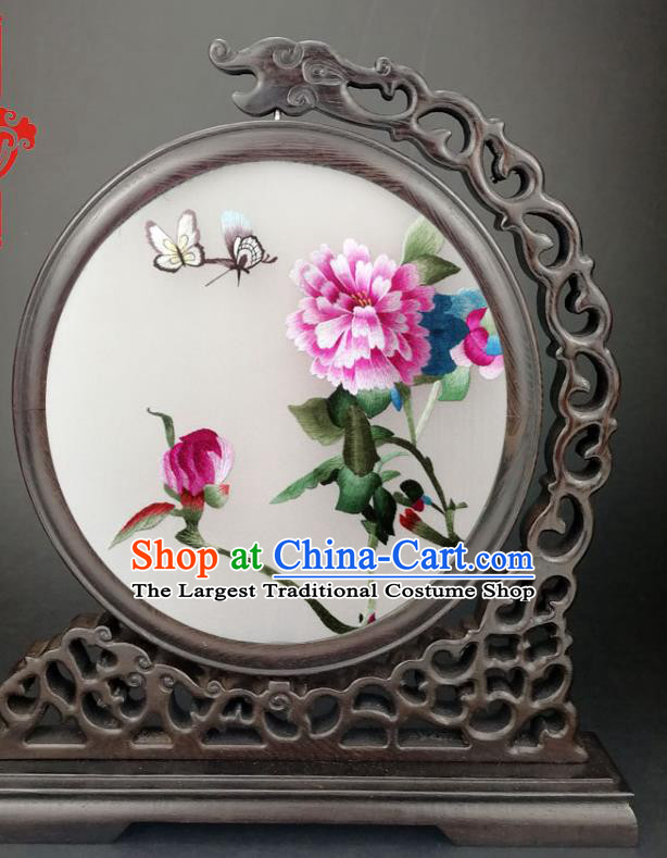 Chinese Handmade Wenge Carving Screen Traditional Suzhou Embroidered Peony Table Screen