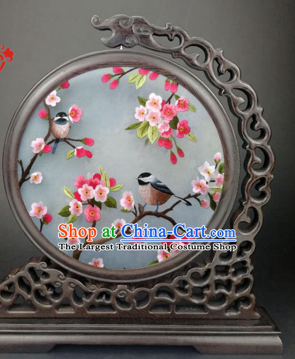 Chinese Double Side Embroidered Plum Blossom Desk Decorative Screen Traditional Wenge Carving Table Top Screen