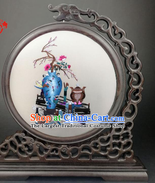 Chinese Double Side Embroidered Desk Screen Traditional Wenge Table Decorative Screen