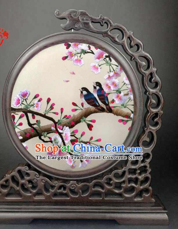 Chinese Traditional Wenge Screen Handmade Double Side Silk Screen Embroidered Begonia Table Screen