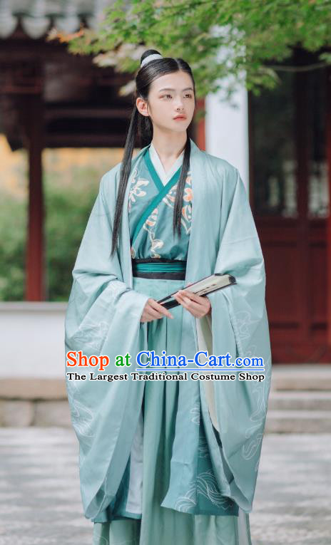 China Ancient Young Swordsman Costumes Traditional Jin Dynasty Scholar Green Hanfu Clothing