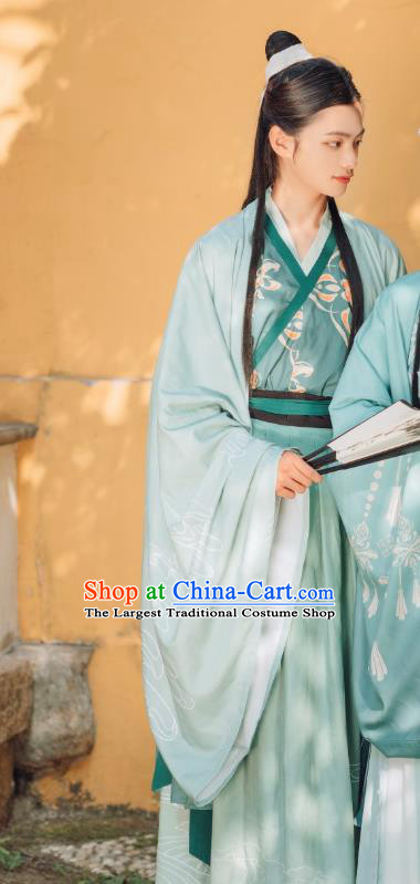 China Ancient Young Swordsman Embroidered Costumes Traditional Jin Dynasty Scholar Green Hanfu Clothing