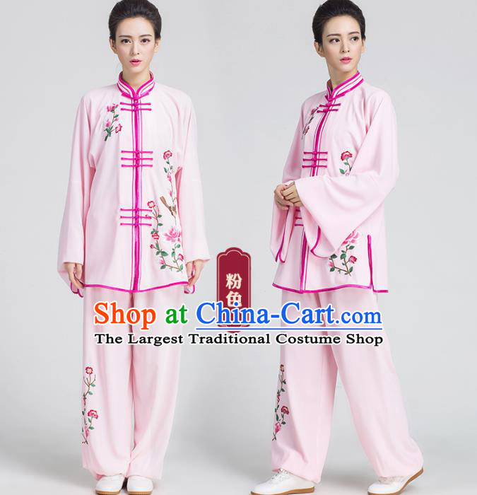 China Traditional Embroidered Flowers Pink Outfits Kung Fu Tai Chi Competition Costumes