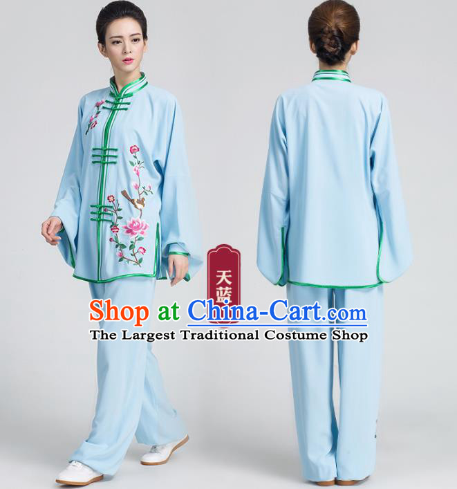 China Kung Fu Tai Chi Competition Costumes Traditional Embroidered Flowers Blue Outfits
