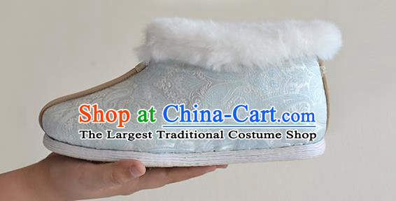 China Hanfu Short Boots Traditional Light Blue Brocade Shoes National Winter Cotton Padded Shoes