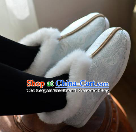 China Hanfu Short Boots Traditional Light Blue Brocade Shoes National Winter Cotton Padded Shoes