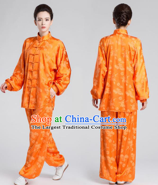 China Kung Fu Training Uniforms Traditional Martial Arts Orange Silk Apparels