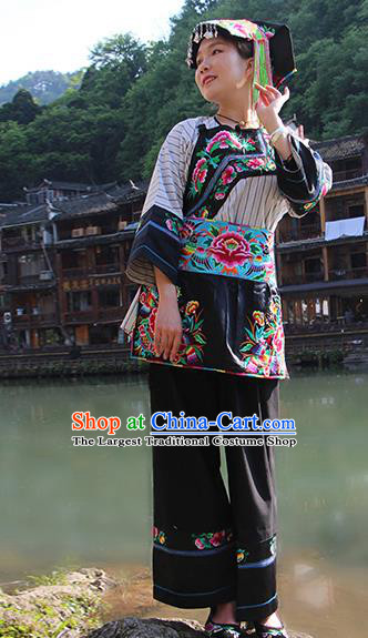 Chinese Miao Nationality Female Informal Clothing Xiangxi Ethnic Folk Dance Costumes and Hat