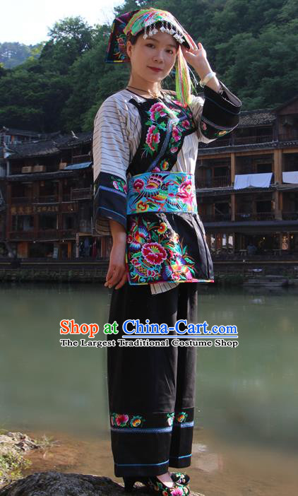 Chinese Miao Nationality Female Informal Clothing Xiangxi Ethnic Folk Dance Costumes and Hat