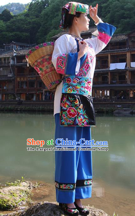 Chinese Xiangxi Hmong Ethnic Folk Dance Costumes Miao Nationality Female Informal Clothing and Hat
