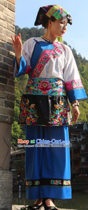 Chinese Xiangxi Hmong Ethnic Folk Dance Costumes Miao Nationality Female Informal Clothing and Hat