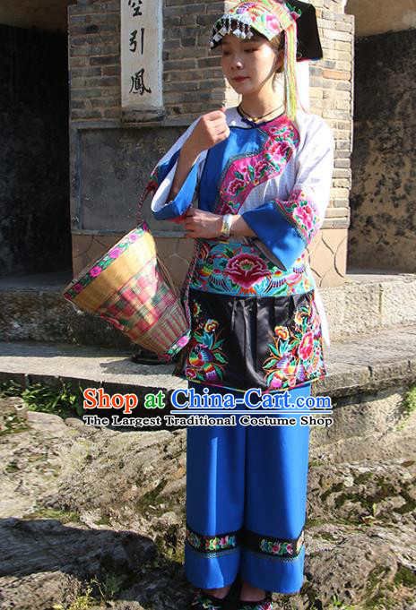 Chinese Xiangxi Hmong Ethnic Folk Dance Costumes Miao Nationality Female Informal Clothing and Hat