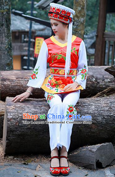 Chinese Ethnic Folk Dance Costumes Bai Nationality Young Lady Clothing and Headwear