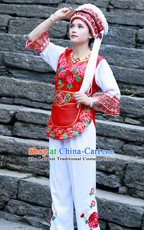 Chinese Ethnic Folk Dance Costumes Bai Nationality Young Lady Clothing and Headwear