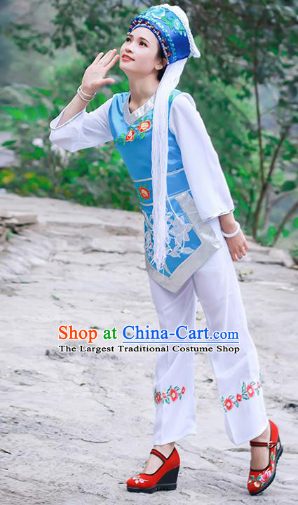 Chinese Bai Nationality Young Lady Clothing Ethnic Folk Dance Costumes Blue Outfits and Hat
