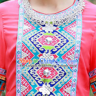 Chinese Tujia Nationality Young Woman Clothing Ethnic Folk Dance Pink Dress Outfits and Hat