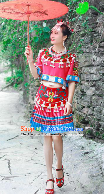 Chinese Hmong Ethnic Folk Dance Red Dress Outfits Miao Nationality Young Woman Clothing and Headpieces
