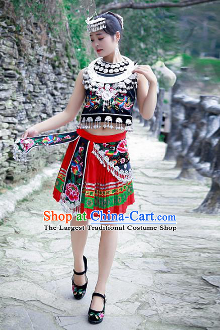 Chinese Hmong Ethnic Female Folk Dance Outfits Miao Nationality Stage Performance Clothing and Hair Accessories