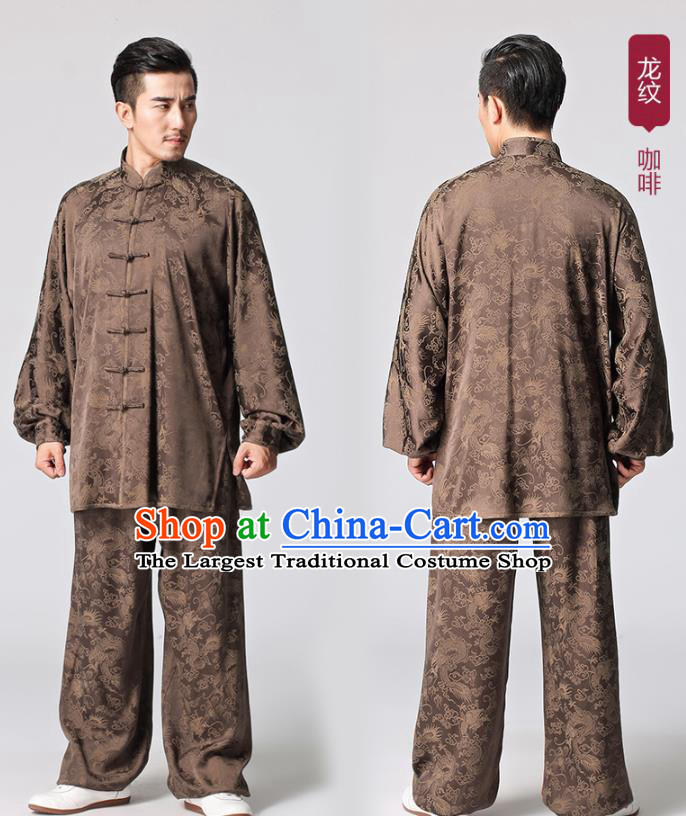 Chinese Tai Chi Kung Fu Uniforms Traditional Dragon Pattern Brown Silk Costumes