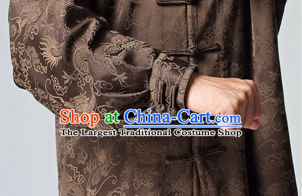 Chinese Tai Chi Kung Fu Uniforms Traditional Dragon Pattern Brown Silk Costumes