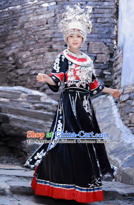 Chinese Miao Nationality Stage Show Clothing Hmong Ethnic Female Folk Dance Black Outfits and Silver Hair Jewelry