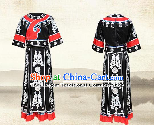 Chinese Miao Nationality Stage Show Clothing Hmong Ethnic Female Folk Dance Black Outfits and Silver Hair Jewelry