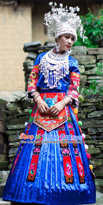 Chinese Miao Nationality Wedding Clothing Xiangxi Hmong Ethnic Bride Royalblue Outfits and Silver Hat