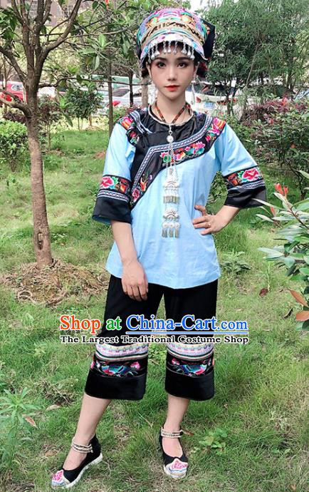 Chinese Ethnic Woman Informal Outfits Costumes Yi Nationality Dress Stage Show Clothing and Hat