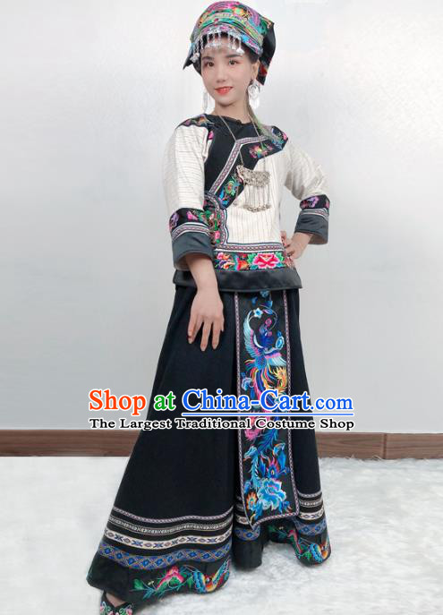 Chinese Xiangxi Nationality Folk Dance Dress Minority Stage Show Clothing Tujia Ethnic Woman Costume and Hat