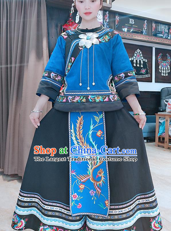 Chinese Bouyei Ethnic Woman Costume Puyi Nationality Dress Minority Folk Dance Clothing and Embroidered Hat