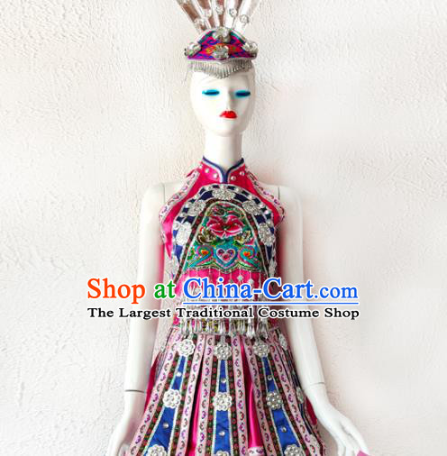 Chinese Xiangxi Ethnic Woman Costume Tujia Nationality Dress Minority Folk Dance Rosy Outfits Clothing and Hair Jewelry