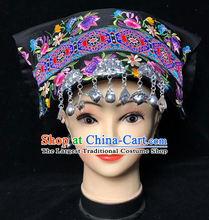 China Traditional Yi Nationality Female Embroidered Black Hat Xiangxi Ethnic Minority Folk Dance Silver Tassel Headwear