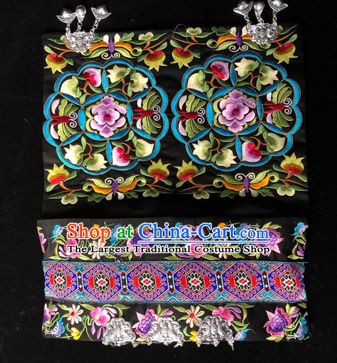 China Traditional Yi Nationality Female Embroidered Black Hat Xiangxi Ethnic Minority Folk Dance Silver Tassel Headwear