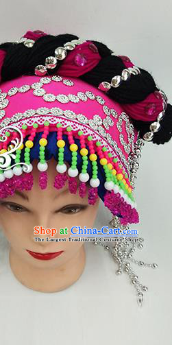 China Bouyei Ethnic Minority Folk Dance Headwear Traditional Yi Nationality Silver Tassel Rosy Hat