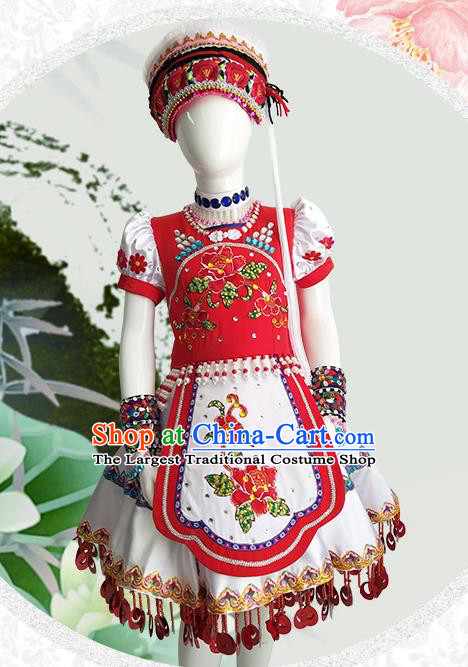 Chinese Yunnan Ethnic Woman Costume Bai Nationality Outfits Minority Folk Dance Rosy Dress Clothing and Hat