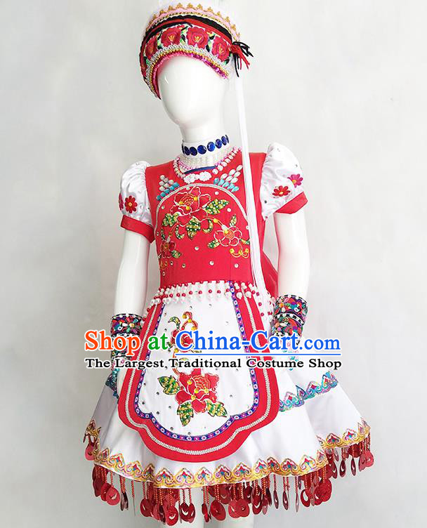 Chinese Yunnan Ethnic Woman Costume Bai Nationality Outfits Minority Folk Dance Rosy Dress Clothing and Hat