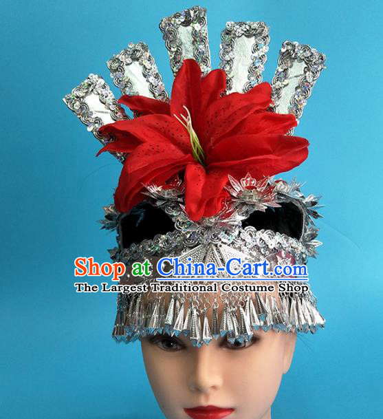 China Miao Ethnic Folk Dance Headwear Traditional Hmong Nationality Minority Silver Phoenix Coronet