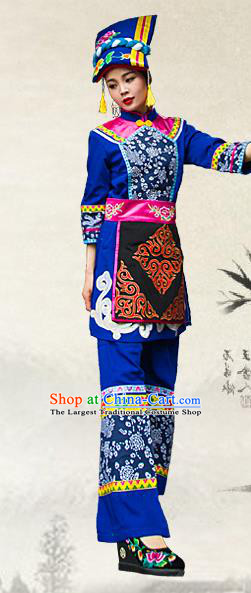 Chinese Xiangxi Ethnic Folk Dance Royalblue Outfits Qiang Nationality Female Informal Clothing and Hat